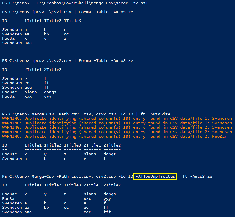 Example of Merge-Csv's 'allow duplicates' parameter