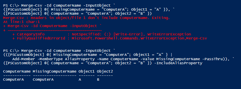 Example of Merge-Csv's 'include alias property' parameter
