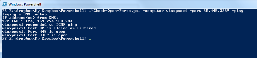 Screenshot of super simple, deprecated (in favor of PSnmap) script to simply check for open ports against a remote computer