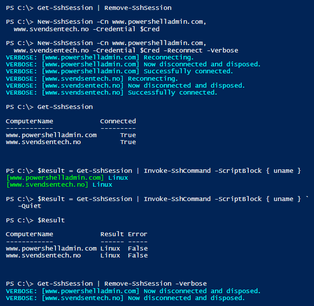 Demo of the PowerShell SSH-Sessions module version 2 (recommended version)