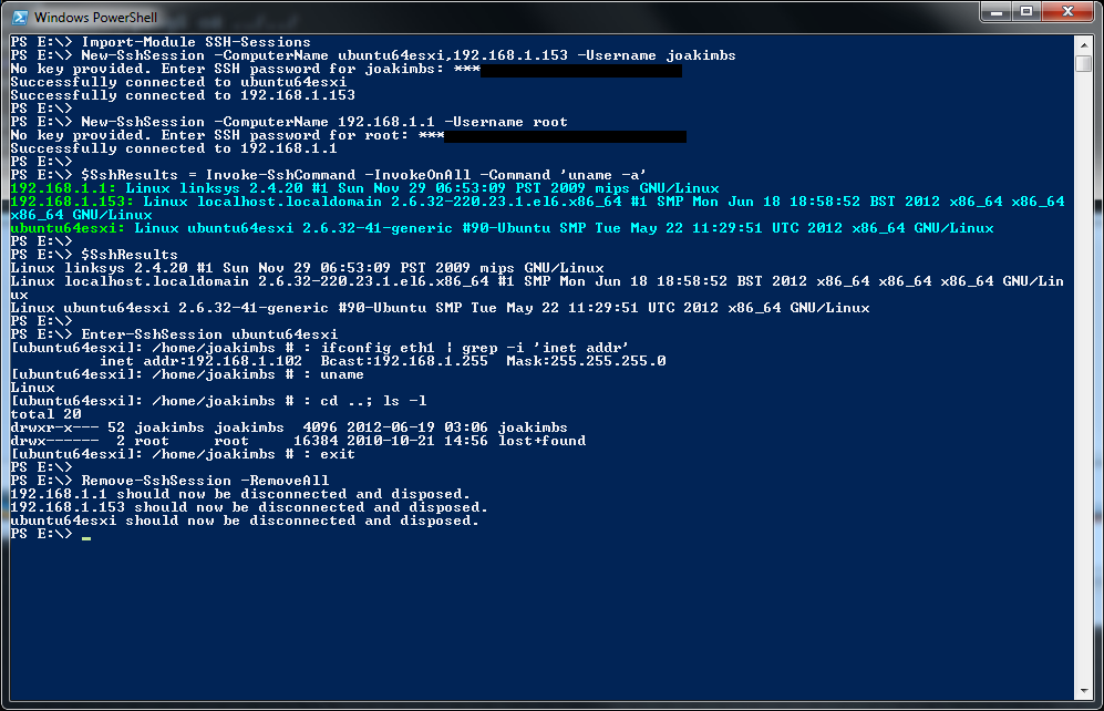 Example of SSH from PowerShell against Linux