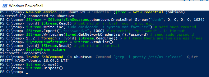 Example of running a sudo command using the SSH-Sessions PowerShell module